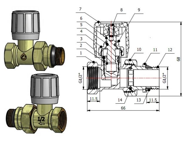 Кран вентильный прямой 1/2" вн.-нар. для радиатора с ручкой, AV Engineering