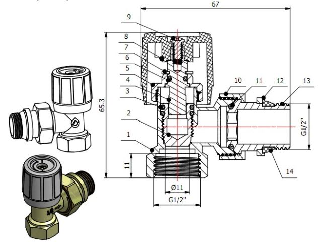 Кран вентильный угловой 1/2" вн.-нар. для радиатора с ручкой, AV Engineering