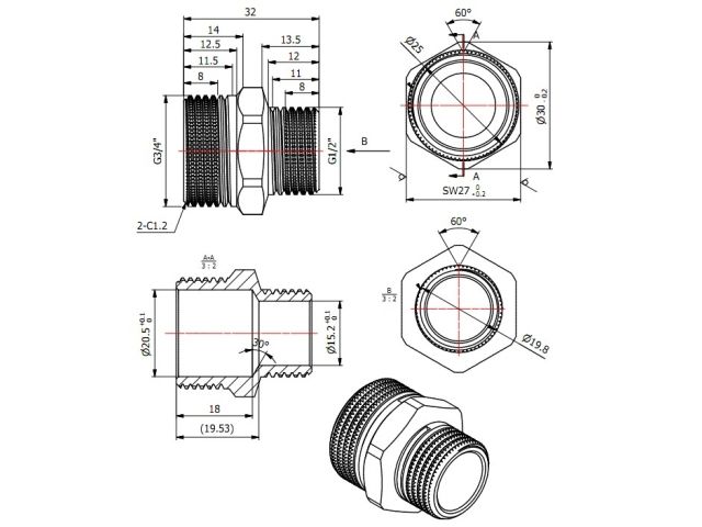 Ниппель ред. 3/4" нар. х 1/2"нар., AV Engineering (инд. упак.)