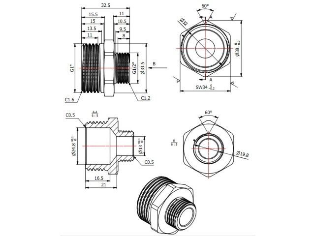 Ниппель ред. 1" нар. х 1/2" нар., AV Engineering (инд. упак.)