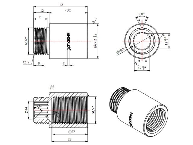 Удлинитель 1/2" вн.-нар. х 30 мм, AV Engineering (инд. упак.)