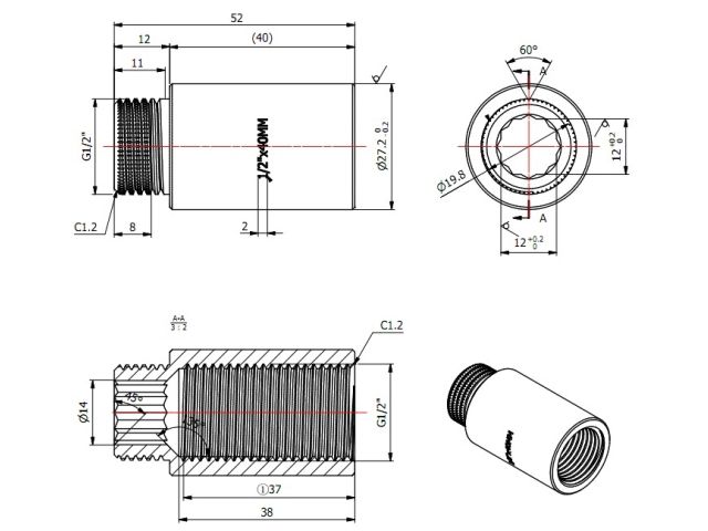 Удлинитель 1/2" вн.-нар. х 40 мм, AV Engineering (инд. упак.)