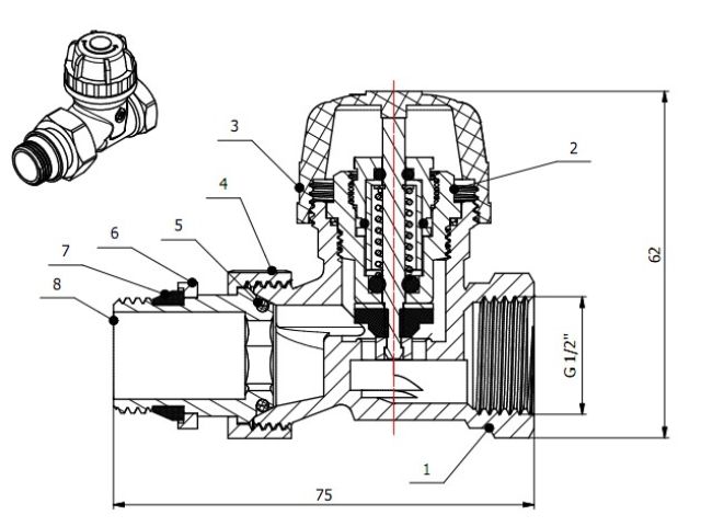 Кран вентильный прямой 1/2" вн.-нар. для радиатора под термоголову, AV Engineering