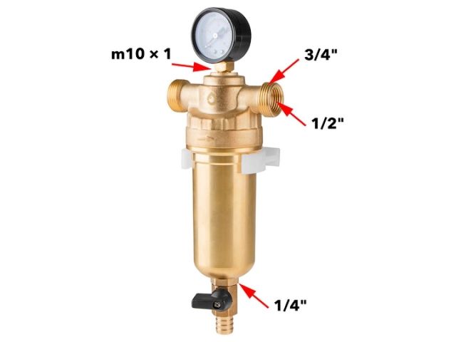 Фильтр самоочищающийся 3/4" нар. или 1/2" вн., 100 микрон, с манометром, AV Engineering (инд. упак.)