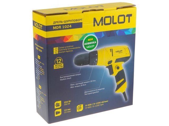 Дрель-шуруповерт MOLOT MDR 1024 в кор. 350 Вт, 20 Нм, 2 скор.