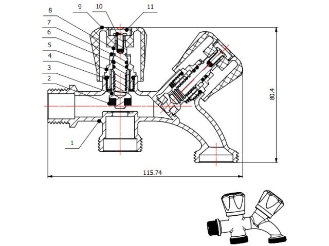 Кран садовый 1/2" нар. х 3/4" нар. х 3/4" нар., AV Engineering (инд. упак.)