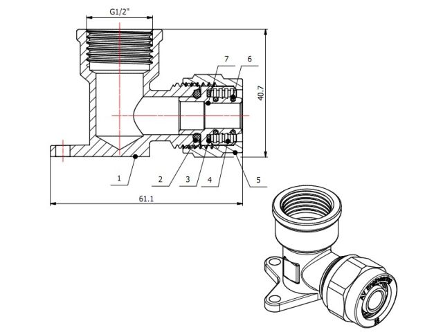 Колено 16(2.0) х 1/2" вн. для труб PEX с креплением, AV Engineering (инд. упак.)