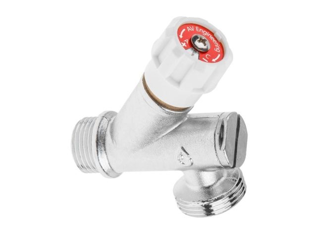 Кран вентильный угловой 1/2" нар. Х 3/4" нар. установочный ХРОМ для стир. машины с фильтром, AV Engi