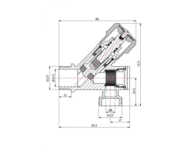 Кран вентильный угловой 1/2" нар. Х 3/4" нар. установочный ХРОМ для стир. машины с фильтром, AV Engi