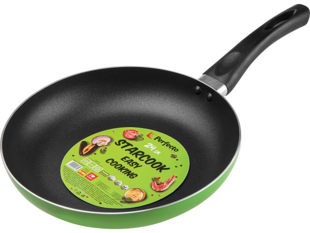 Сковорода ф 24х4.3 см, штамп., алюм., антиприг. покр., серия STARCOOK, зеленая, PERFECTO LINEA