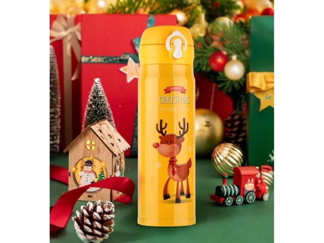Термос, 480 мл, нержавеющая сталь, MERRY CHRISTMAS, желтый, PERFECTO LINEA