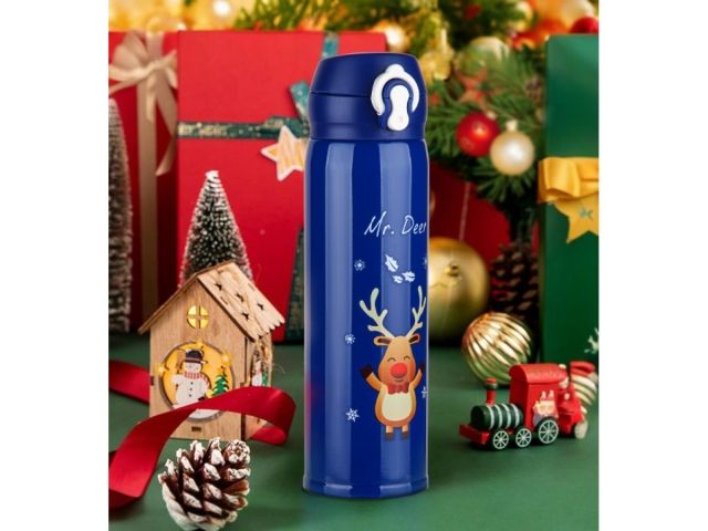 Термос, 480 мл, нержавеющая сталь, MERRY CHRISTMAS, синий, PERFECTO LINEA