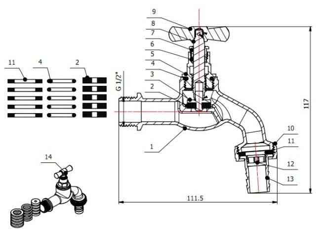 Кран водоразборный 1/2" нар. настенный со штуцером, AV Engineering