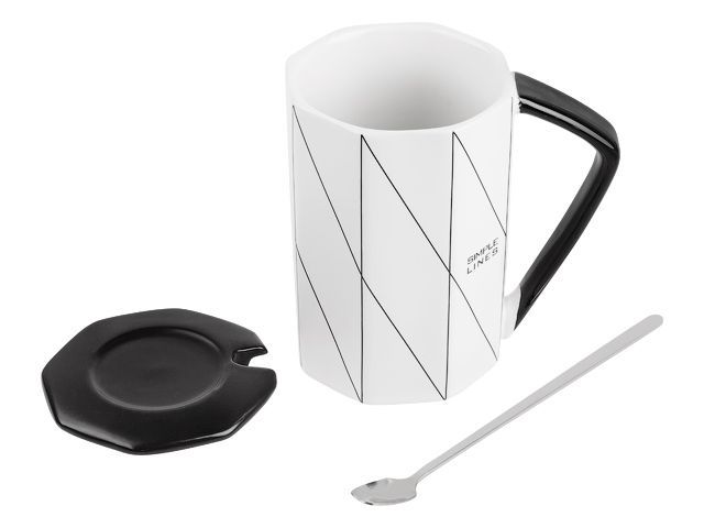 Кружка керамическая с крышкой и ложкой, 380 мл., Simple lines, PERFECTO LINEA