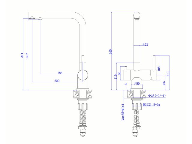 Смеситель для кухни (SUS 304) D35, серия ZAR с краном для пит. воды серый AV Engineering