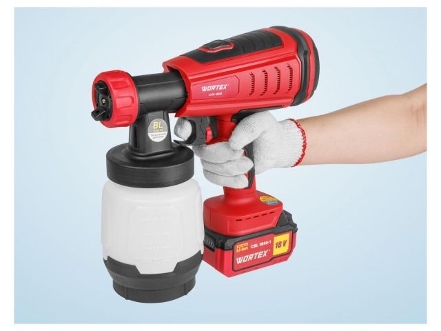 Аккум. краскораспылитель WORTEX CPS 1808 в кор. ALL1 SOLO БЕСЩЁТ.ДВИГ., 18В, 1000 мл/мин, 0.8 л бак