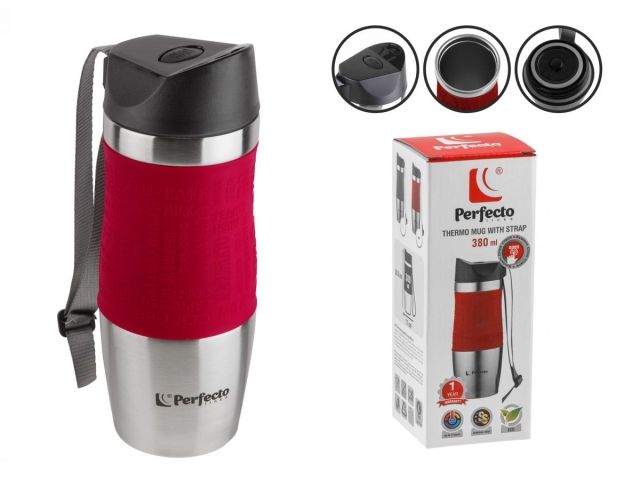 Термокружка с ремешком, 380 мл, нержавеющая сталь, red, PERFECTO LINEA