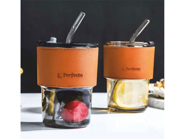 Стакан стеклянный для напитков с трубочкой и кожаным кейсом, 400 мл, Amber, PERFECTO LINEA