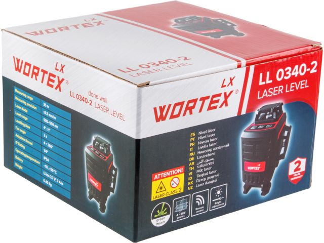 Нивелир лазерный линейный WORTEX LX LL 0340-2 (4х360°, до 25 м, +/- 0.3 мм/м, зеленый)