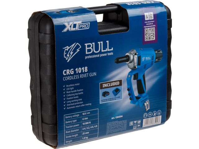 Аккум. заклепочный пистолет BULL CRG 1018 в чем. XLTpro, БЕСЩЕТ., 25 мм, 10000 Н, 1х4 А*ч