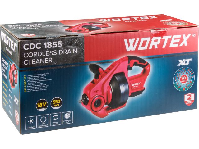 Аккум. прочистная машина WORTEX CDC 1855 в кор. ALL1 XLT SET 0-550 об/мин, трос 7,6 м.