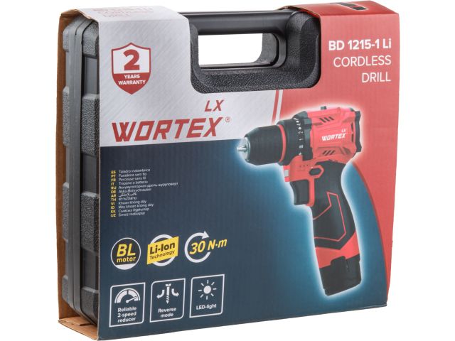 Аккумуляторная дрель-шуруповерт WORTEX LX BD 1215-1 Li 12В, 30 Нм, 1.5 Ач акб, патрон 10 мм, бесщёт.