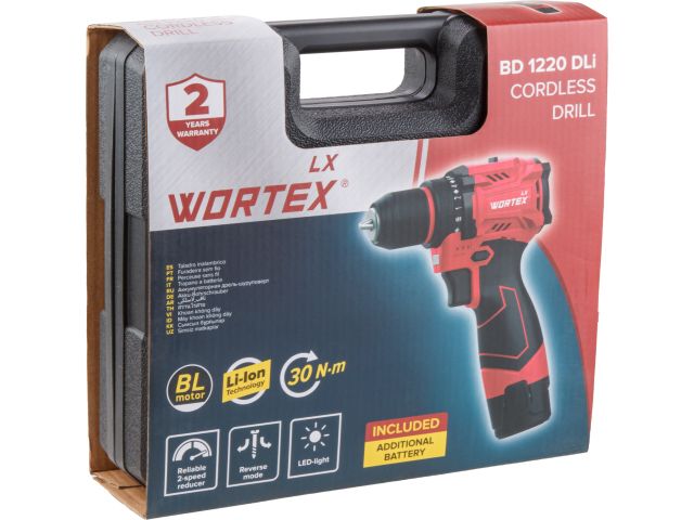 Аккумуляторная дрель-шуруповерт WORTEX LX BD 1220 DLi 12В, 30 Нм, 2*1.5 Ач, патрон 10 мм, бесщёт.