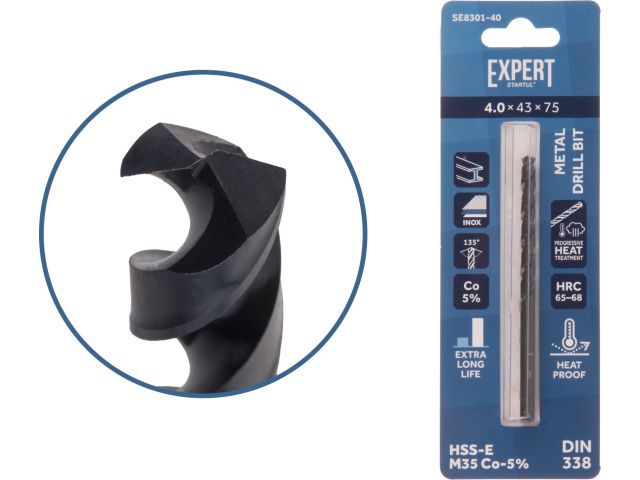 Сверло по металлу ц/х 4.0х43х75 мм HSS-Co Black EXPERT STARTUL