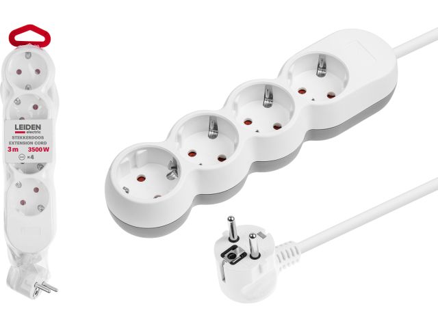 Удлинитель 3м (4 роз., 3,5кВт, с/з, ПВС 3х1,5) LEIDEN ELECTRIC