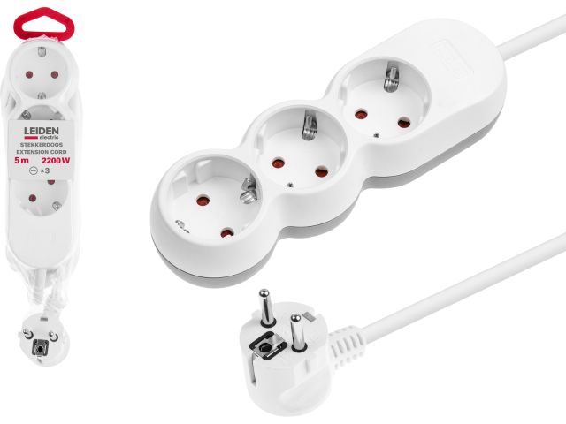 Удлинитель 5м (3 роз., 2,2кВт, с/з, ПВС 3х0,75) LEIDEN ELECTRIC