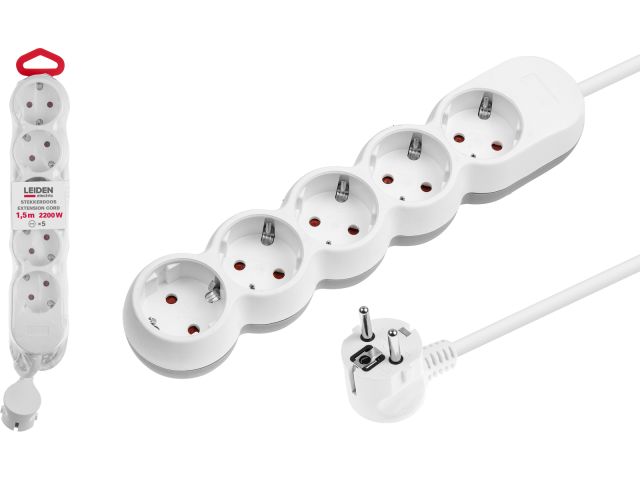 Удлинитель 1,5м (5 роз., 2,2кВт, с/з, ПВС 3х0,75) LEIDEN ELECTRIC