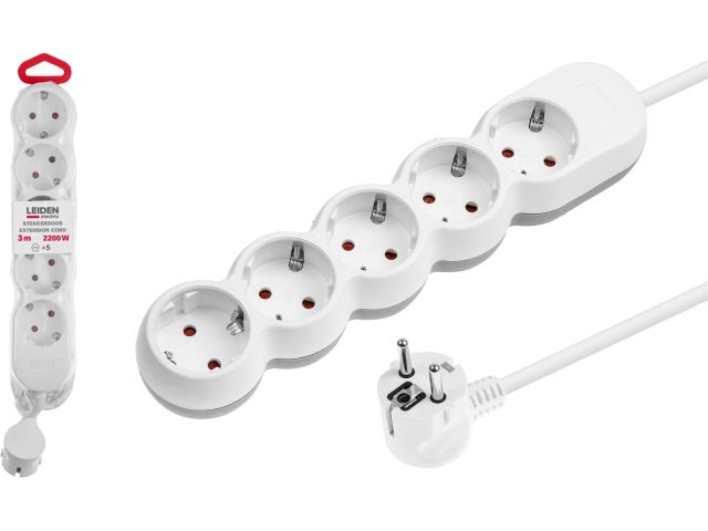 Удлинитель 3м (5 роз., 2,2кВт, с/з, ПВС 3х0,75) LEIDEN ELECTRIC