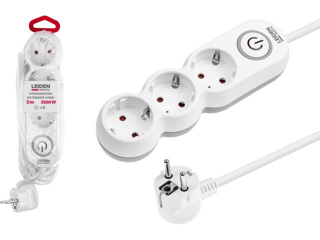 Удлинитель 3м (3 роз., 3,5кВт, с/з, выкл, ПВС 3х1,5) LEIDEN ELECTRIC