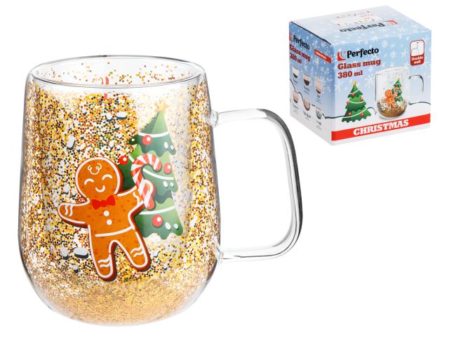 Кружка стеклянная с двойными стенками, 380 мл, серия CHRISTMAS-2, PERFECTO LINEA