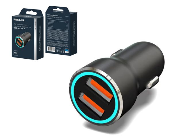 Зарядное устройство автомобильное c двумя портами USB-A + USB-A c LED-подсветкой 12Вт