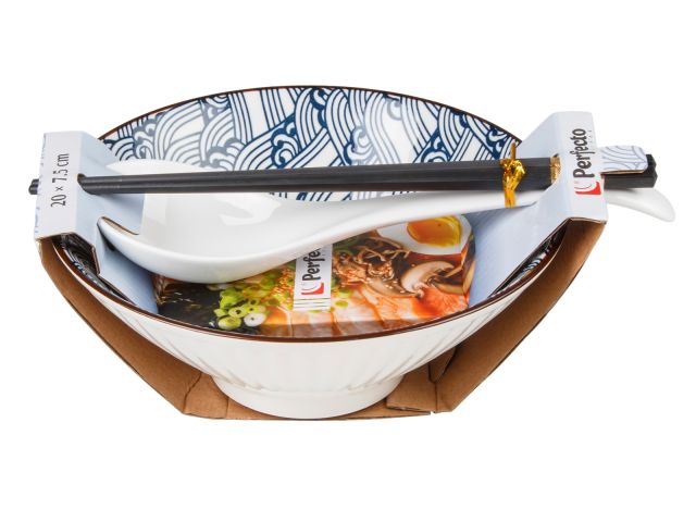 Миска керамическая с ложкой и палочками для еды, серия RAMEN, wave, PERFECTO LINEA