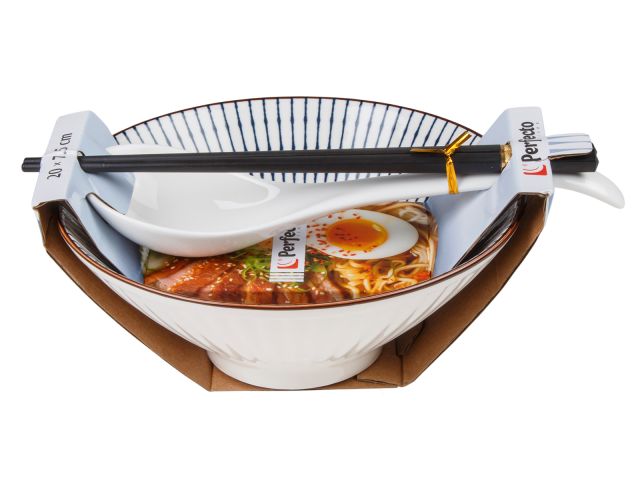 Миска керамическая с ложкой и палочками для еды, серия RAMEN, line, PERFECTO LINEA