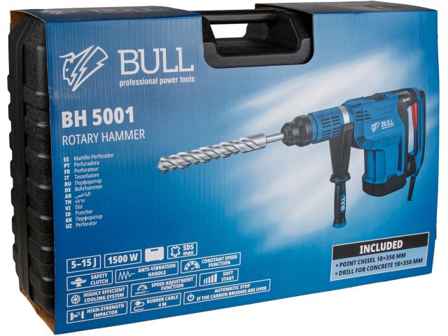 Перфоратор BULL BH 5001 в чем. 1500 Вт, 5-15 Дж, 50 мм, 2 реж. + 1 зуб., 1 сверло, SDS-max, рег. об.