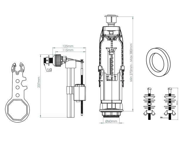 Арматура для смывного бачка, однорежимная, с боковой подводкой, AV Engineering