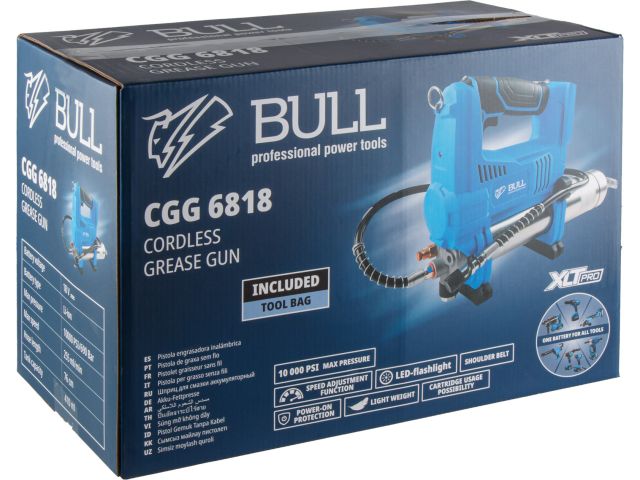 Аккум. шприц для смазки BULL CGG 6818 в кор. XLTpro SET 18 В, 690 атм., 255 г/мин, 1х4 А*ч, з/у 4 А
