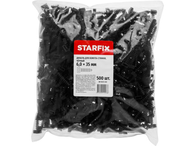 Дюбель для хомута-стяжки 6.0х35 мм черный (500 шт в пакете) STARFIX