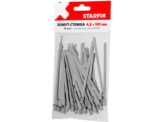 Хомут-стяжка 4.6х100 мм нерж.сталь SS304(А2) (50 шт в пакете) STARFIX