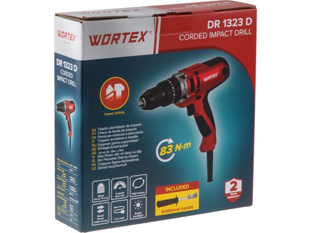 Дрель-шуруповерт ударная WORTEX DR 1323 D в кор. 450 Вт, 83 Нм, 2 скор., БЗП 1.5-13 мм, 4 м шнур