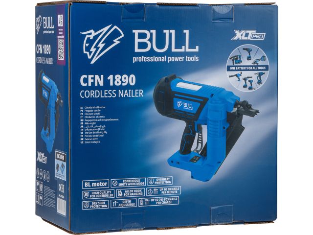 Аккум. гвоздезабивной пистолет BULL CFN 1890 в кор., SET, БЕСЩЕТ., 18В, 90мм, дерево, 90шт/мин