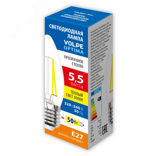 Лампа светодиодная Форма свеча прозрачная Теплый белый свет 3000K LED-C35-5,5W/3000K/E27/CL/SLF