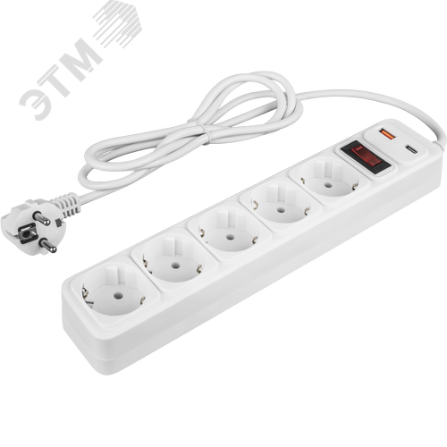 Сетевой фильтр OSP-USB-05-180-ESC-3х0.75-WH 5 розеток 1,8м ПВС 3х0,75 2200Вт USB-A+USB-C с заземлением с выключателем белый