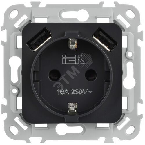FLITE Розетка 1-местная с заземлением с защитными шторками 16А с USB A+A 3,1А безвинтовое крепление РСЮша11-1-ФлЧ черный