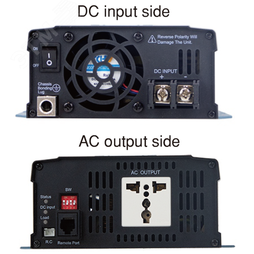 Инвертор DC-AC, 750Вт, Рмакс=1500Вт(0,6 сек), Uвх=48(40…66)В DC, Uвых=230В АС (ещё 200, 220, 240), f=50(60) Гц, КНИ<3%, изоляция 3000В AC, в кожухе 270x158x67мм, вес 2.3кг, -25…+70°С, розетка тип-EU (Европа), тип АКБ Lead Acid или Li-ion