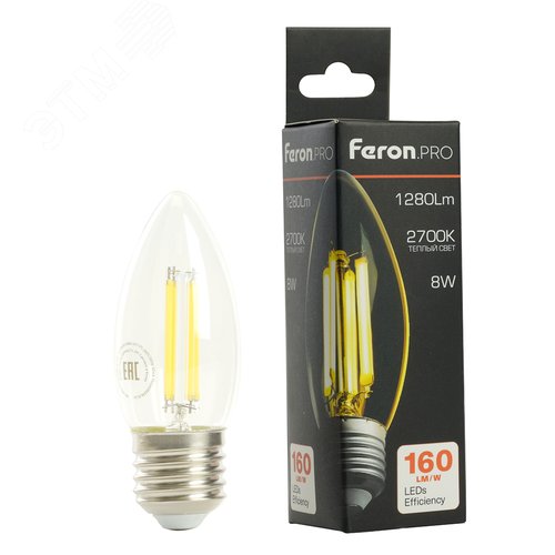 Лампа светодиодная LED 8вт Е27 теплый свеча FILAMENT .PRO