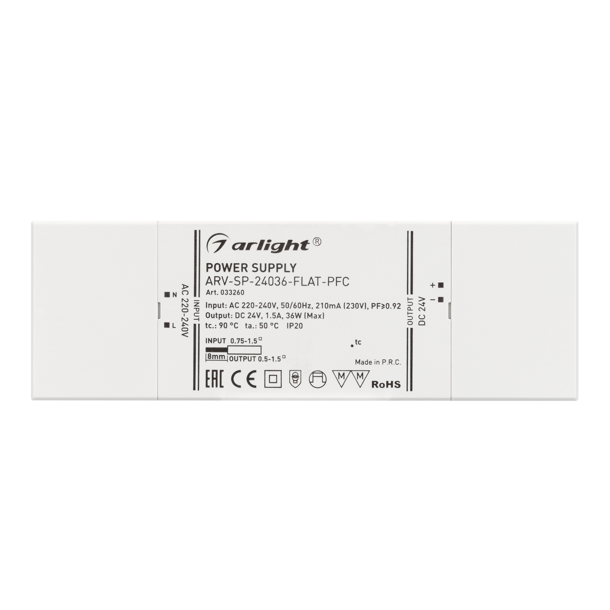 Блок питания ARV-SP-24036-FLAT-PFC (24V, 1.5A, 36W) (IP20 Пластик, 5 лет)